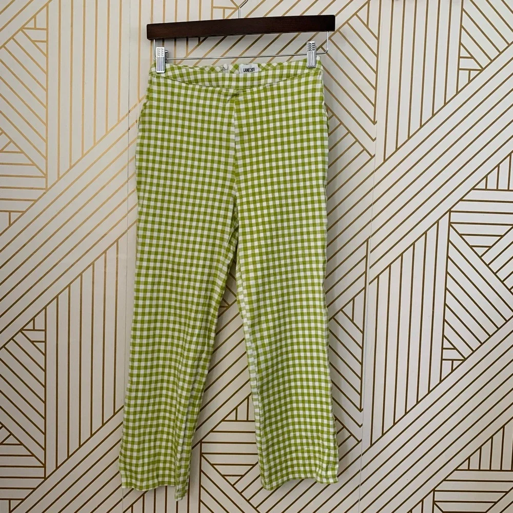 Lane 201 Cotton Lime Green & White Gingham Checkered Vintage Inspired Pants M